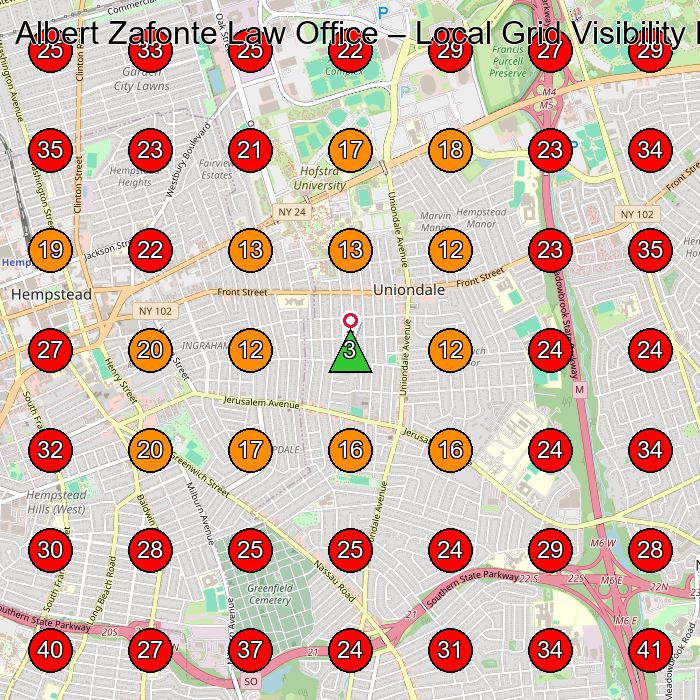 Albert Zafonte Law Office GeoGrid visibility map for Personal Injury Attorney in Uniondale
